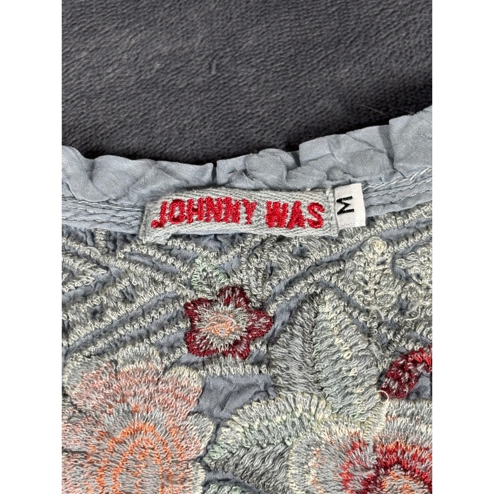 Johnny Was Womens Embroidered Silk Blend Tunic Blouse Blue Floral V-Neck Size M - Picture 2 of 8